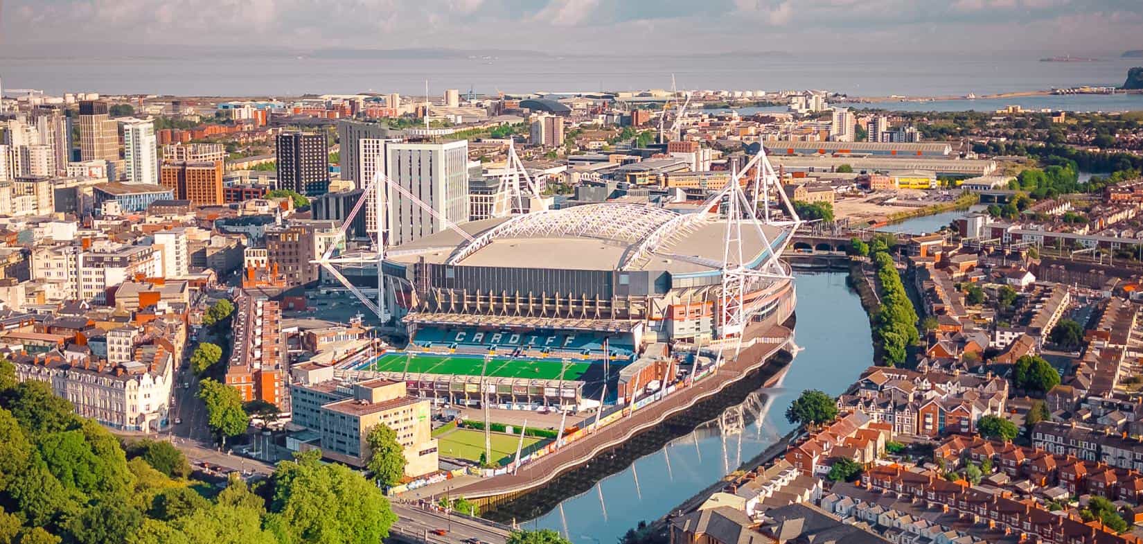 Aerial view of Principality Stadium, Cardiff city centre, and the River Taff